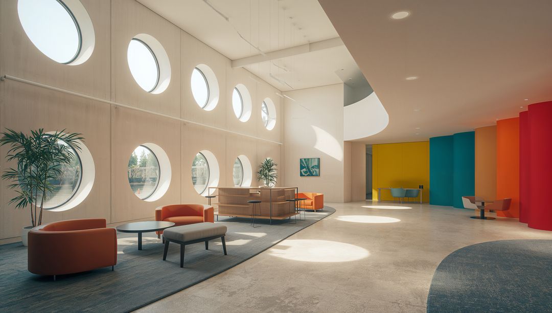 Modern Vibrant Lobby with Minimalist Design and Colorful Accents