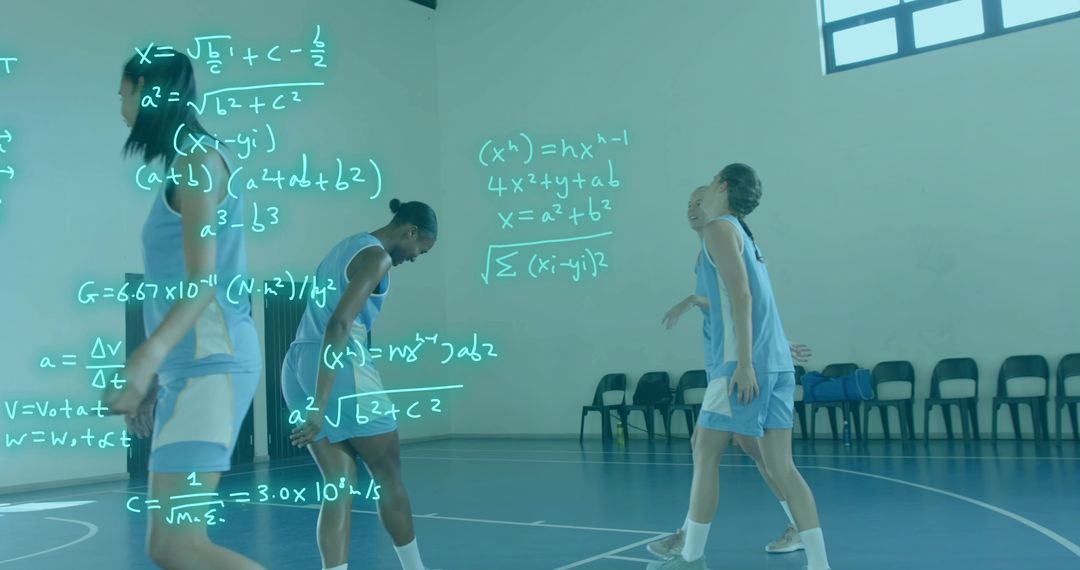 School Basketball Players Practicing Team Drills in Gym with Math Equations Overlay