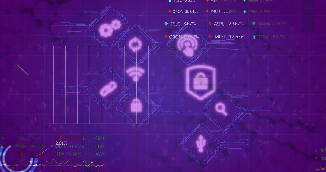 Digital Interface of Security and Communication Icons on Purple Background
