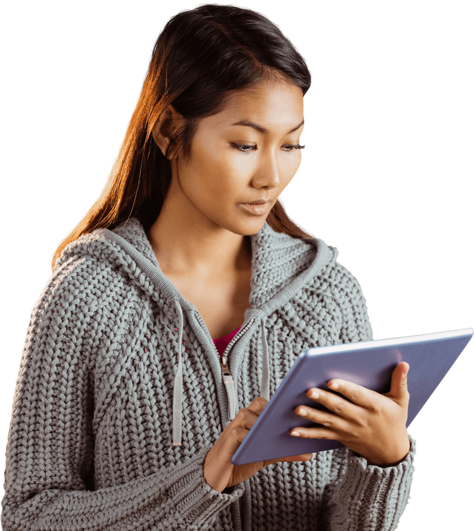 Concentrated Woman in Gray Sweater. Utilizing Tablet Near Transparent Wall