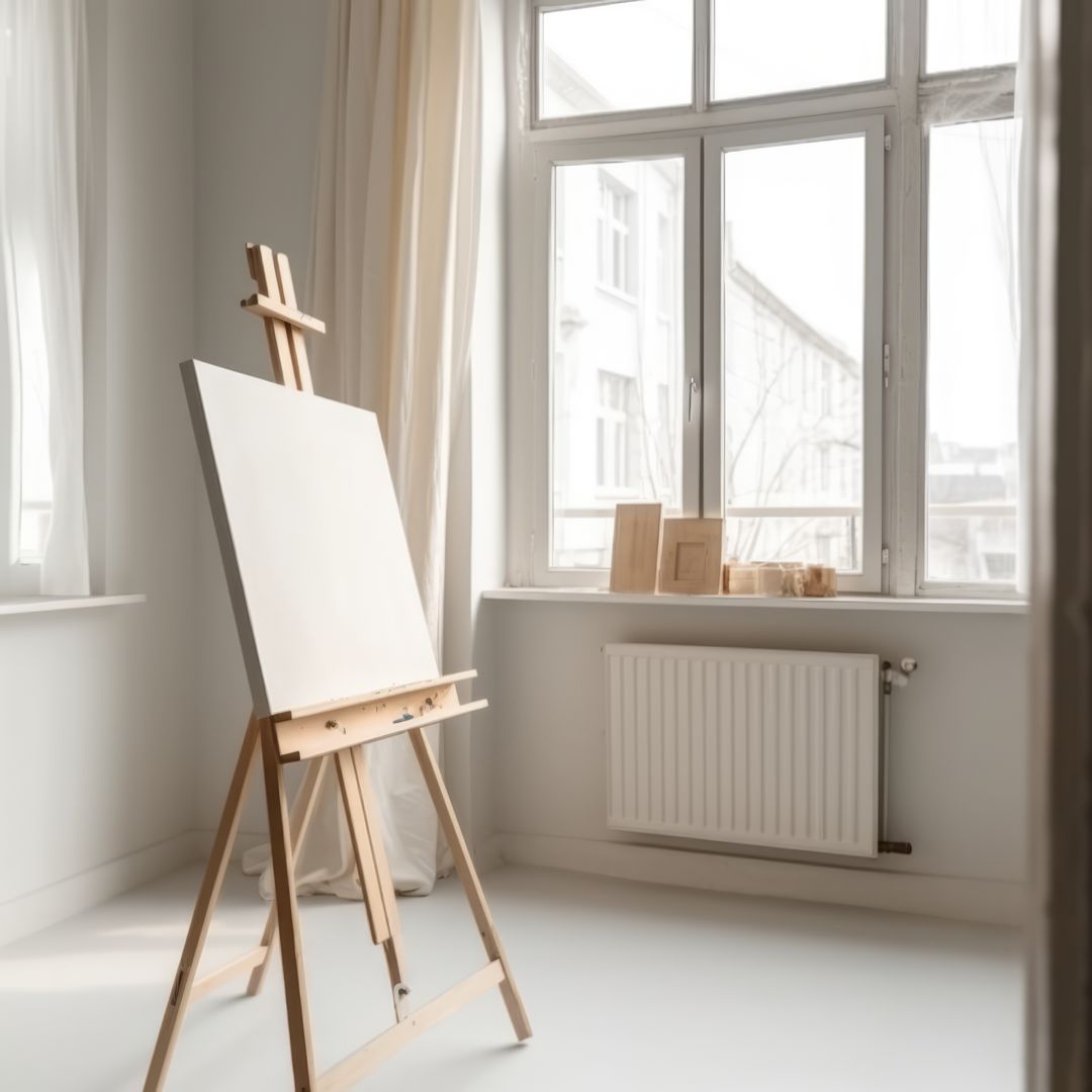 Blank canvas on wooden easel by window in painter's studio, created using generative ai technology - Free Images, Stock Photos and Pictures on Pikwizard.com