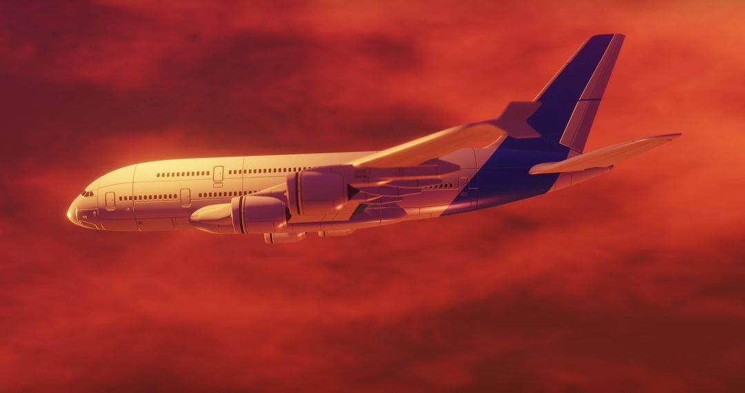 Digital Airplane Flying through Vibrant Red Clouds