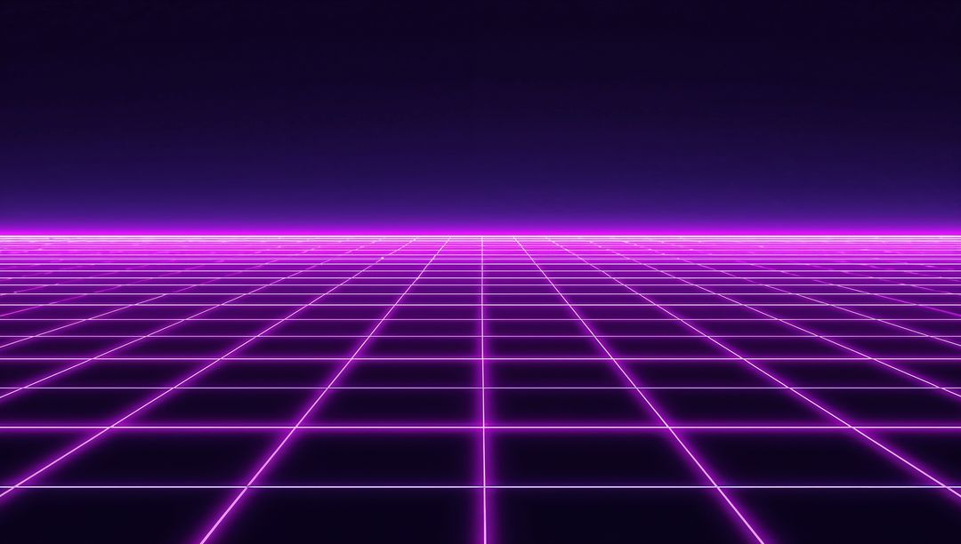 Neon Retro Grid Horizon Evoking 1980s Synthwave Futurism with Magenta Glow and Reflection