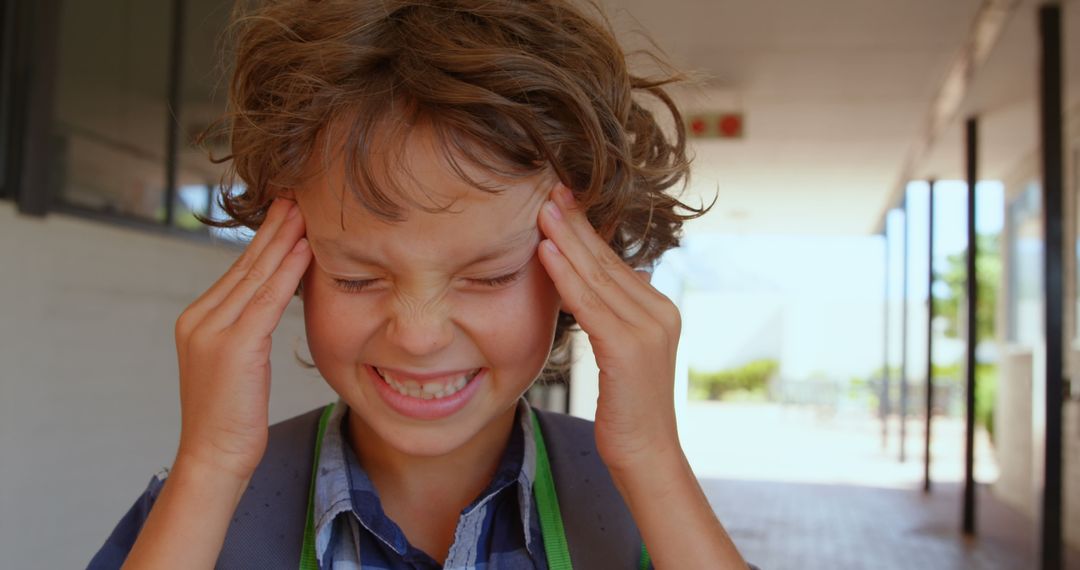 Frustrated Schoolboy Rubbing Temples in Corridor