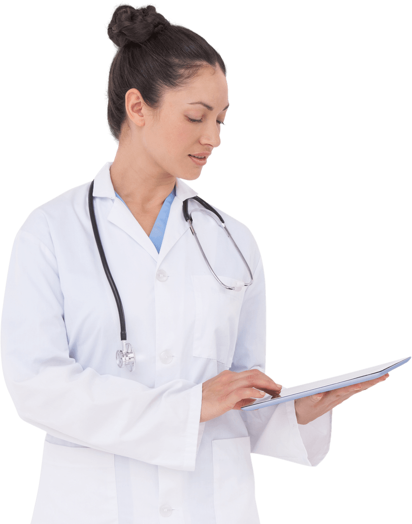 Transparent Female Doctor Using Tablet While Smiling
