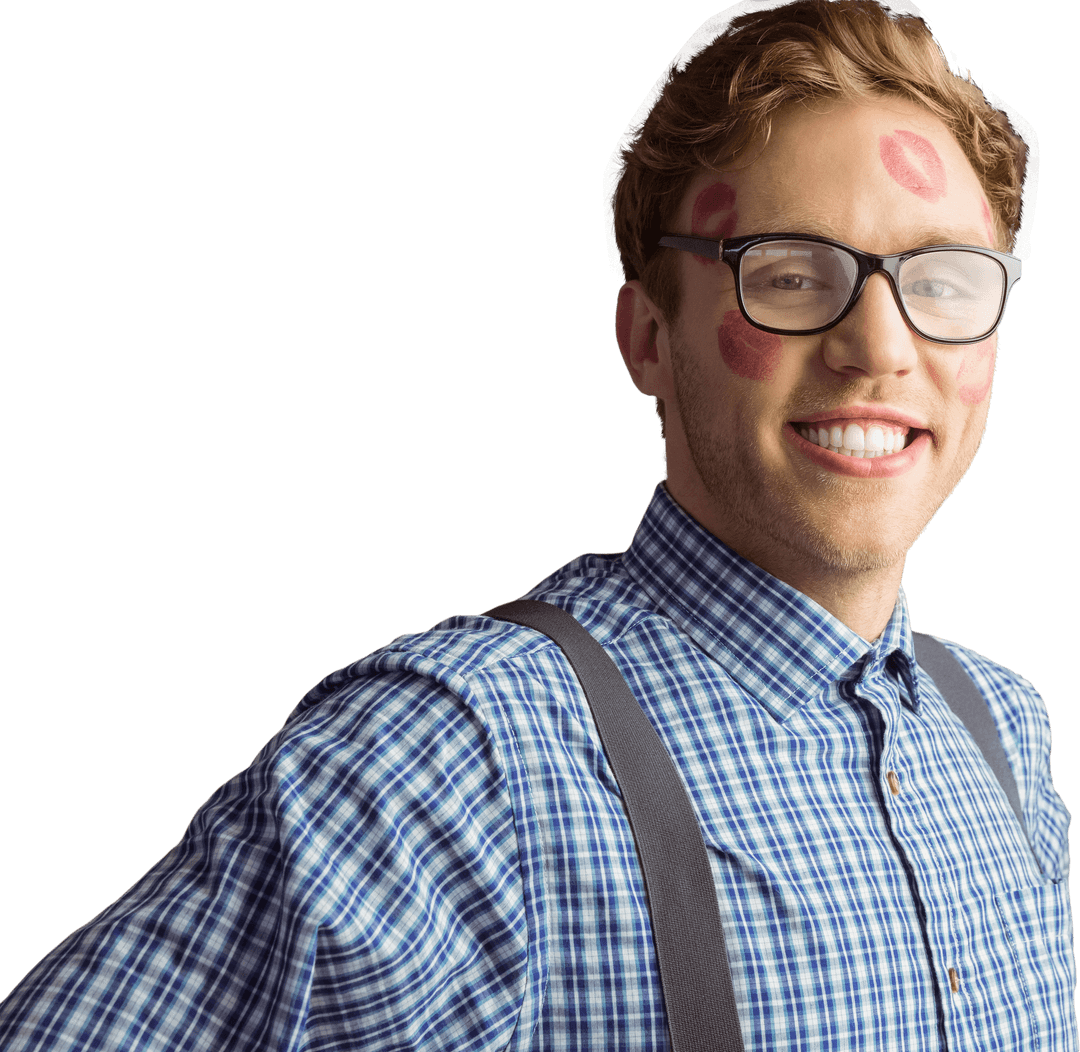 Geeky Hipster with Glasses and Kiss Marks Transparent Background