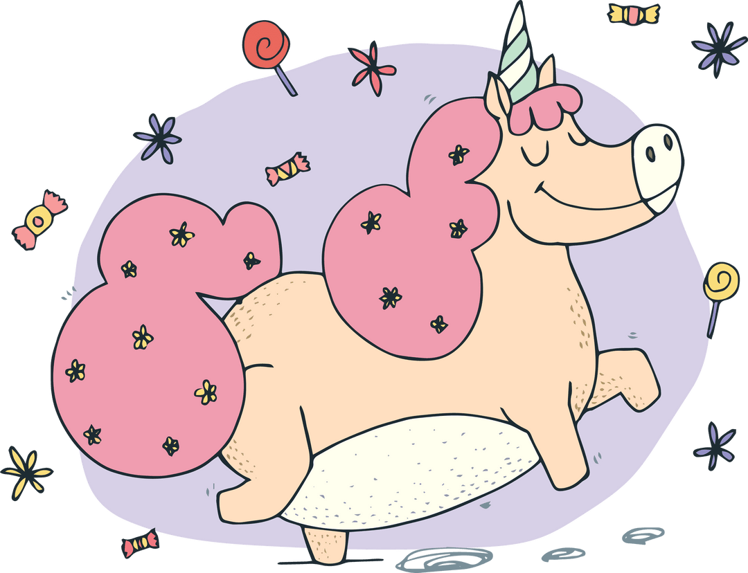 Cheerful Unicorn Surrounded by Colorful Sweets on Transparent Background