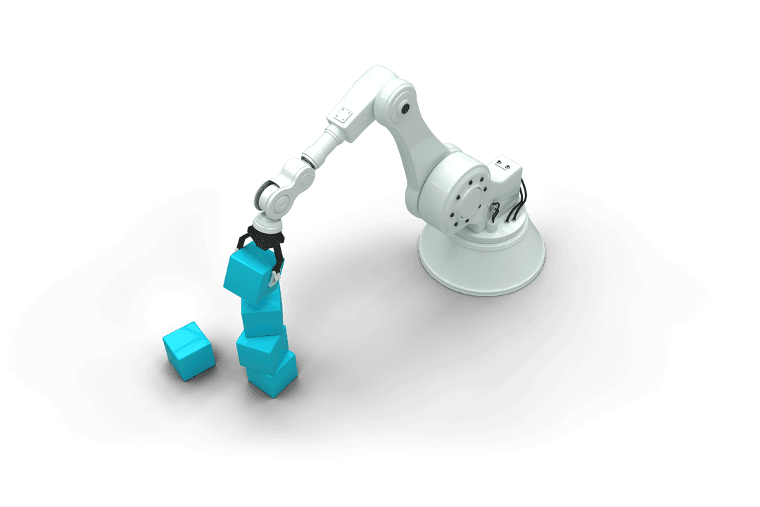 Transparent Robotic Arm Stacking Blue Cubes Front View