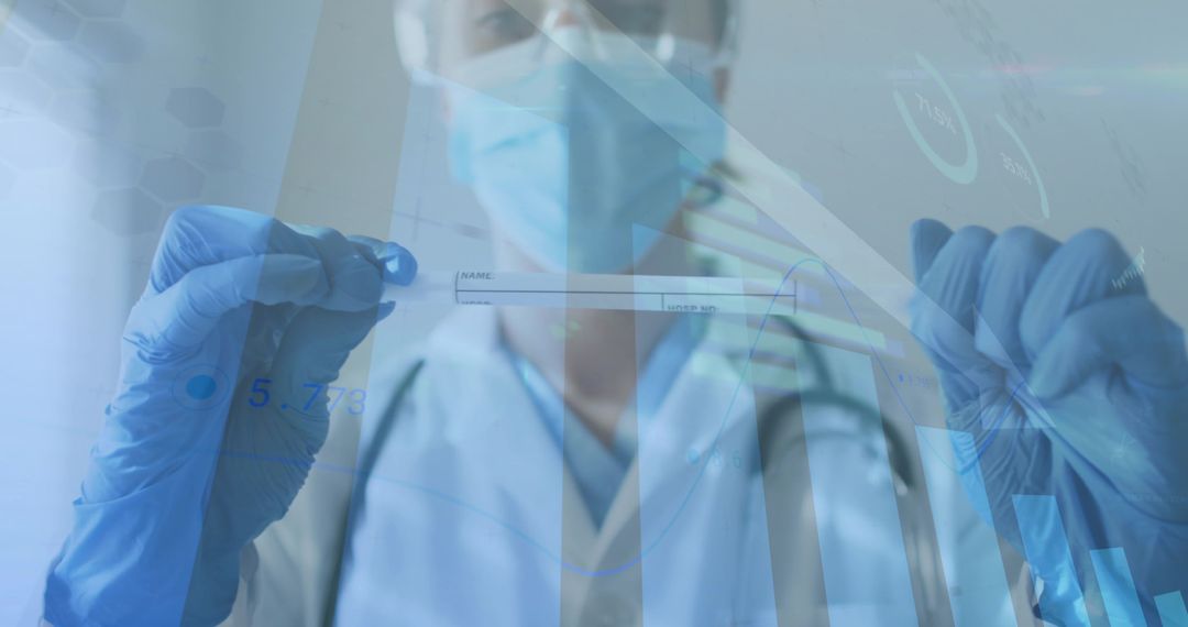 Lab Technician Analyzing Sample with Futuristic Data Overlays