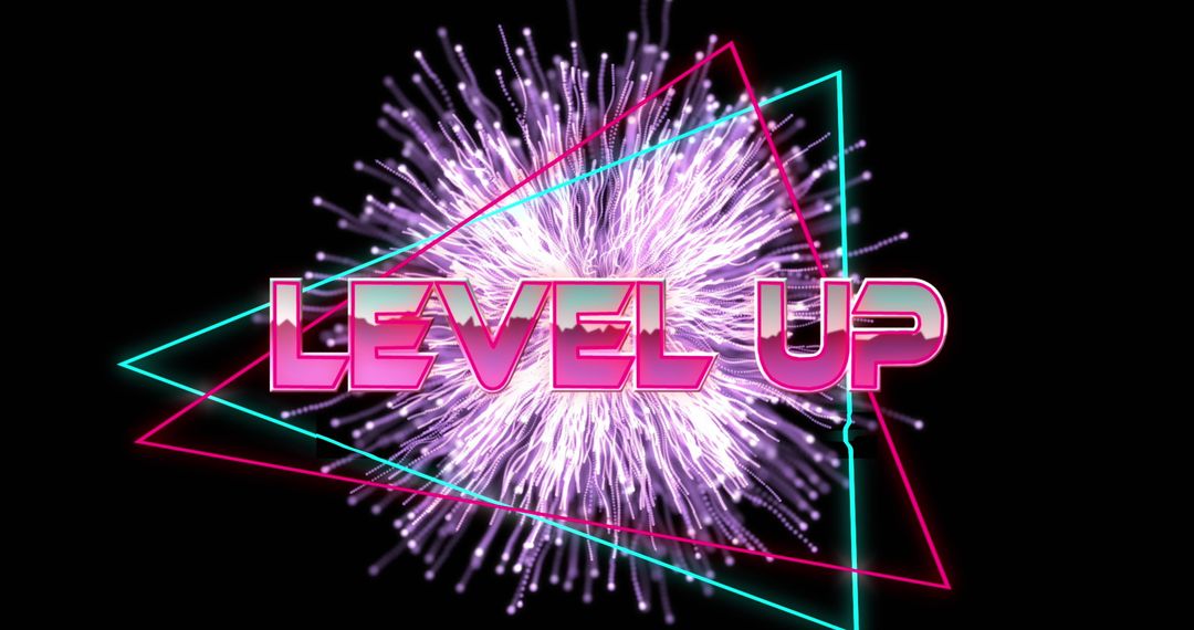 Neon Level Up Text with Fireworks and Triangle Outline