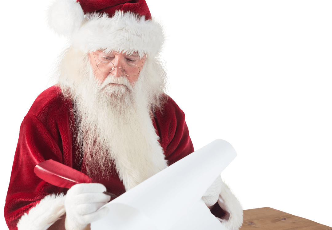 Santa Writing a Letter with Feather on Transparent Background