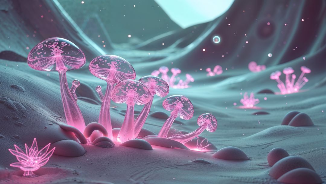 Glowing Pink Mushrooms in Fantasy Landscape