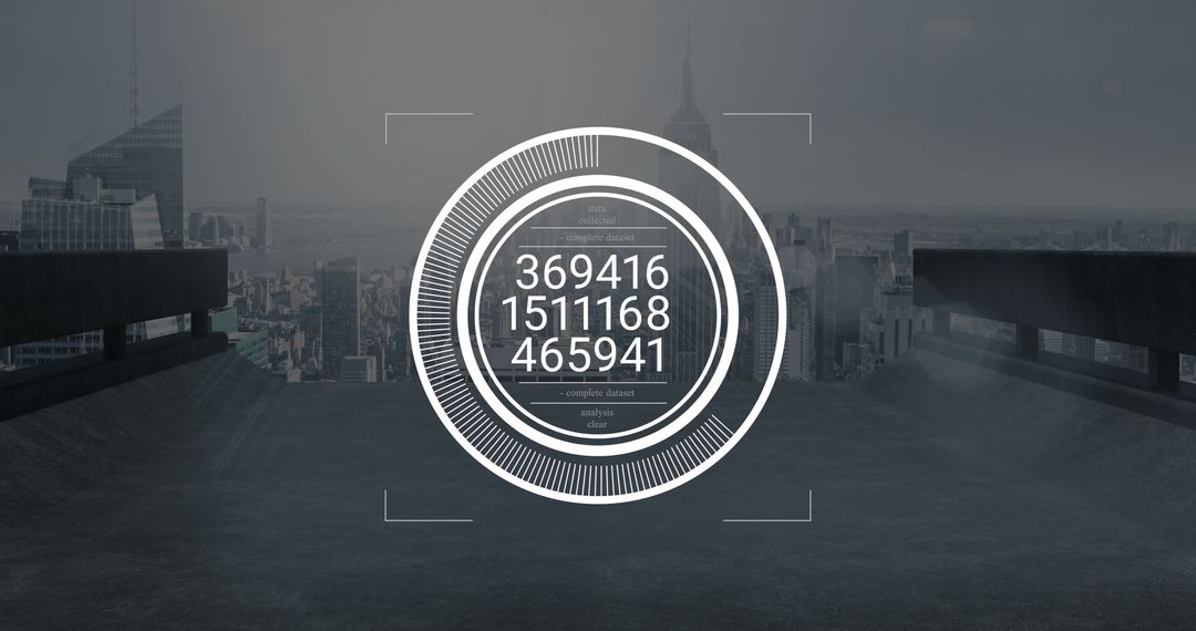 Futuristic Circular HUD Interface on Urban Rooftop Skyline