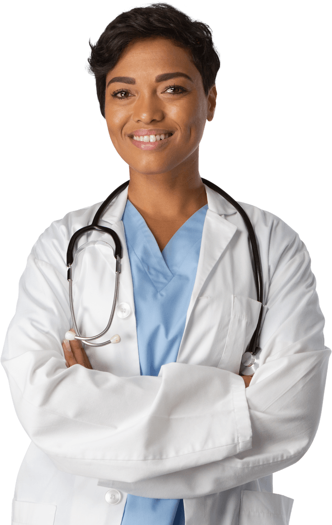 Transparent Confident Female Doctor Smiling with Crossed Arms