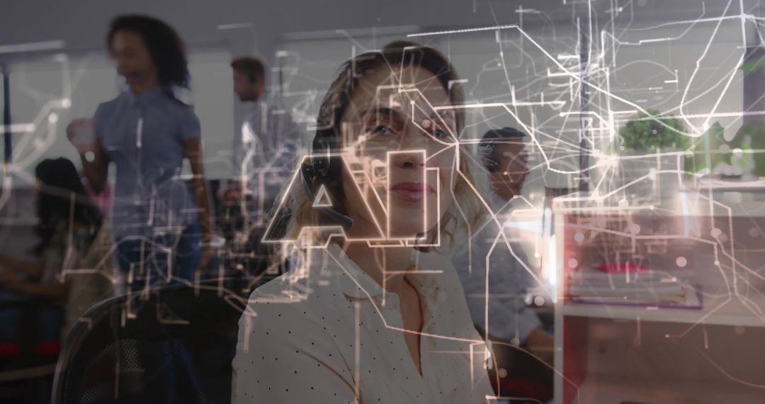 Customer Service Agent Wearing Headset Taking Calls with AI Data Overlay in Open Office
