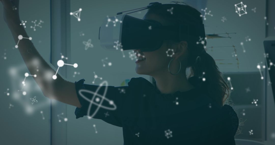 Caucasian Woman Engaging with VR Technology and Molecular Models