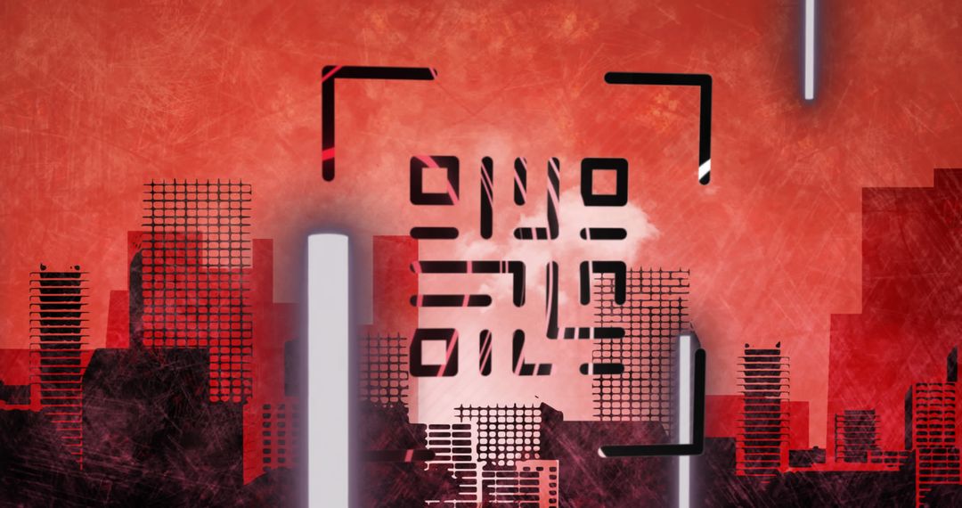 QR Code Over Reflective Red Urban Cityscape
