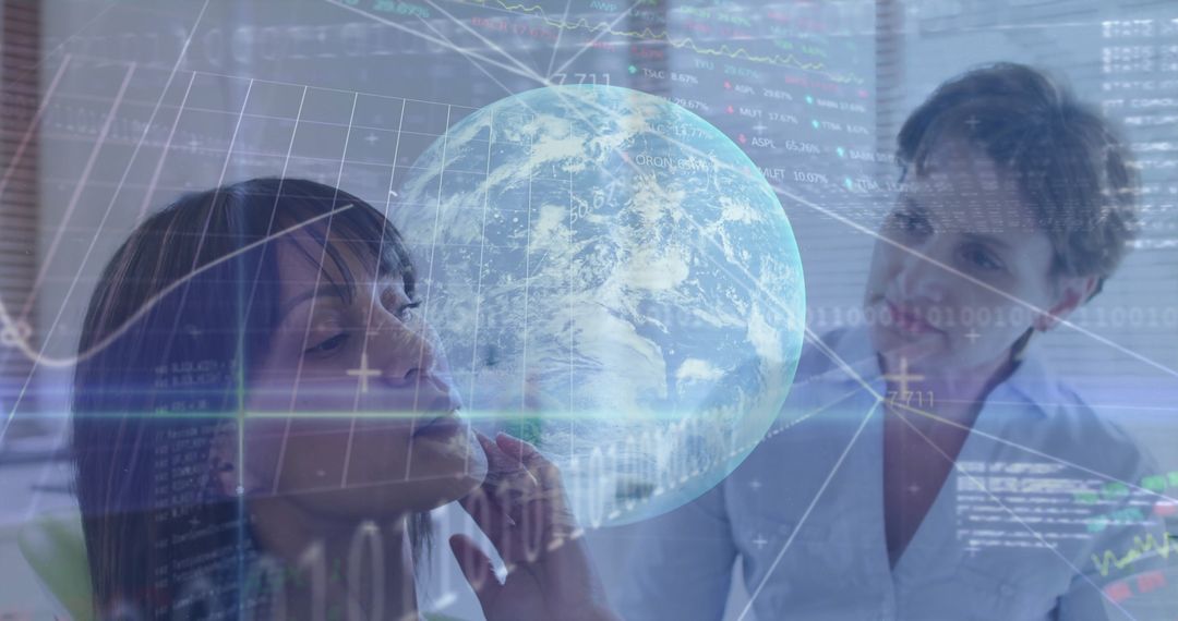 Business Professionals in Data Analysis with Holographic Globe Overlay