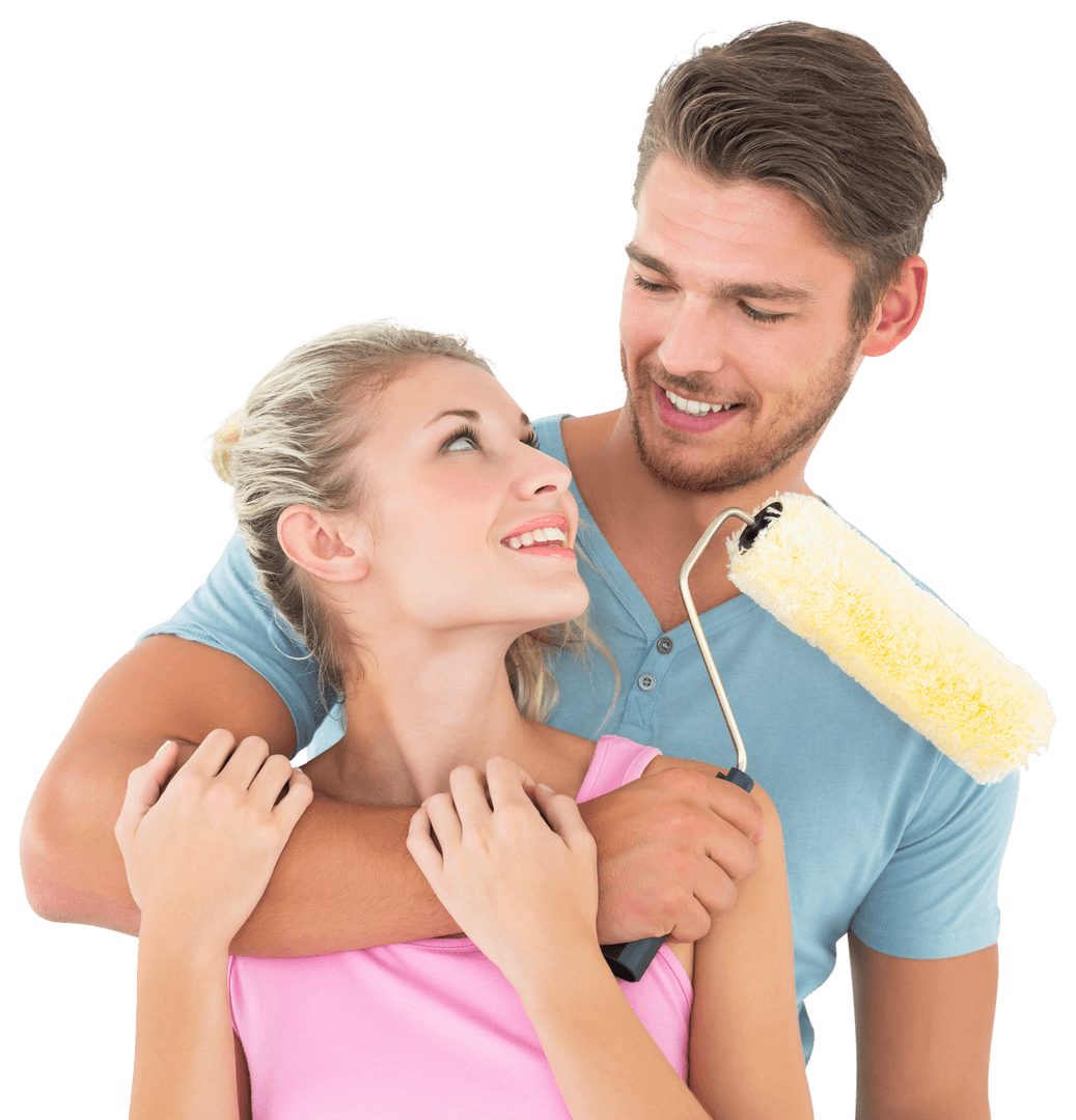 Transparent Happy Couple Hugging Holding Paint Roller for Home Renovation