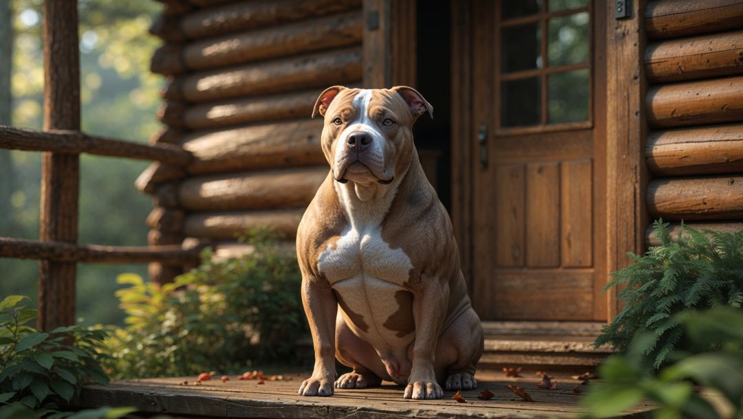 Muscular tan and white pitbull dog on rustic log cabin porch