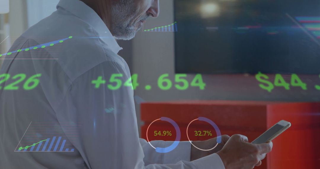 Businessman Engaging with Financial Data via Smartphone