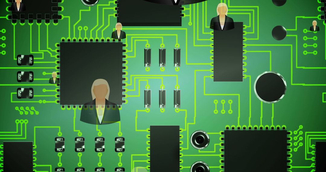 Digital Networking Concept with Businesswoman Icons on Circuit Board