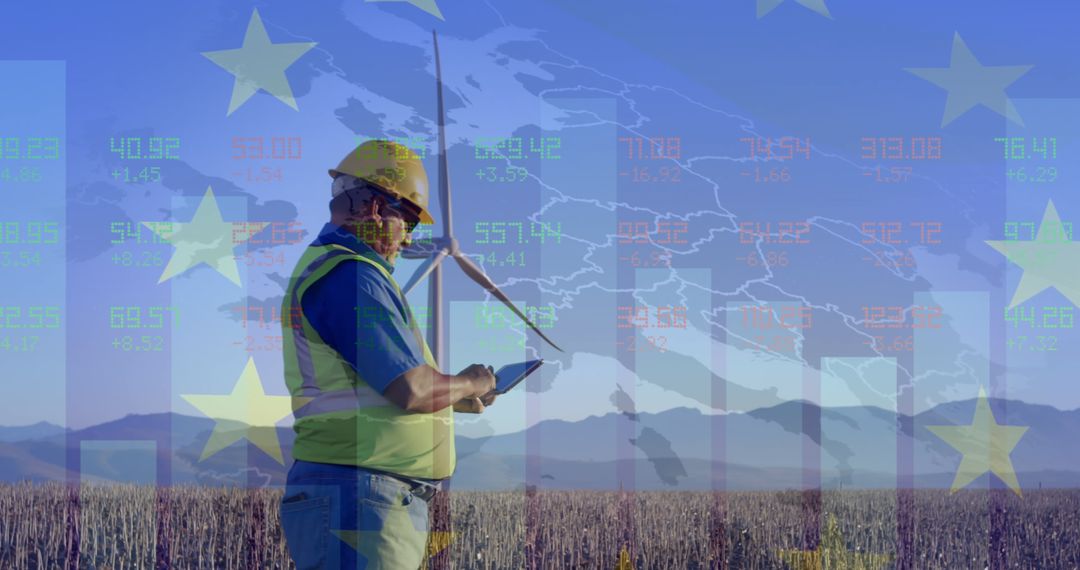 Engineer Inspecting Wind Turbine with European Union Energy Overlay - Free Images, Stock Photos and Pictures on Pikwizard.com