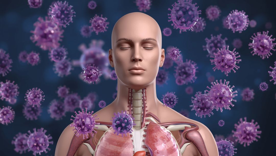 3D Illustration of Human Respiratory System with Floating Virus Particles