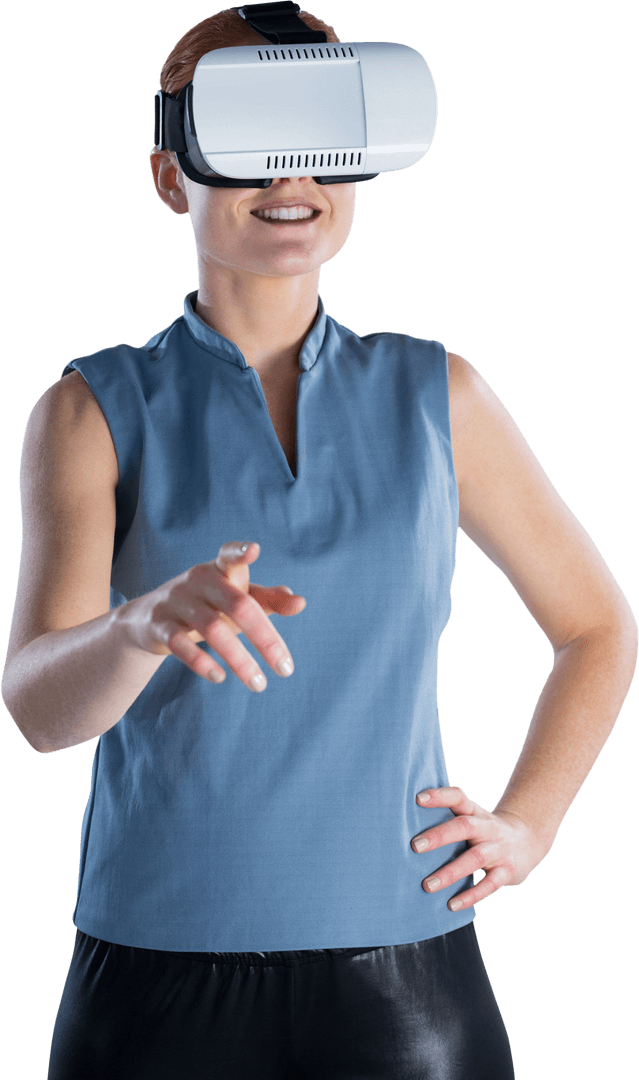 Transparent Smiling Businesswoman Using Virtual Reality Glasses