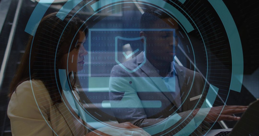 Collaborating Professionals Reviewing Cybersecurity Dashboard with Holographic Shield UI