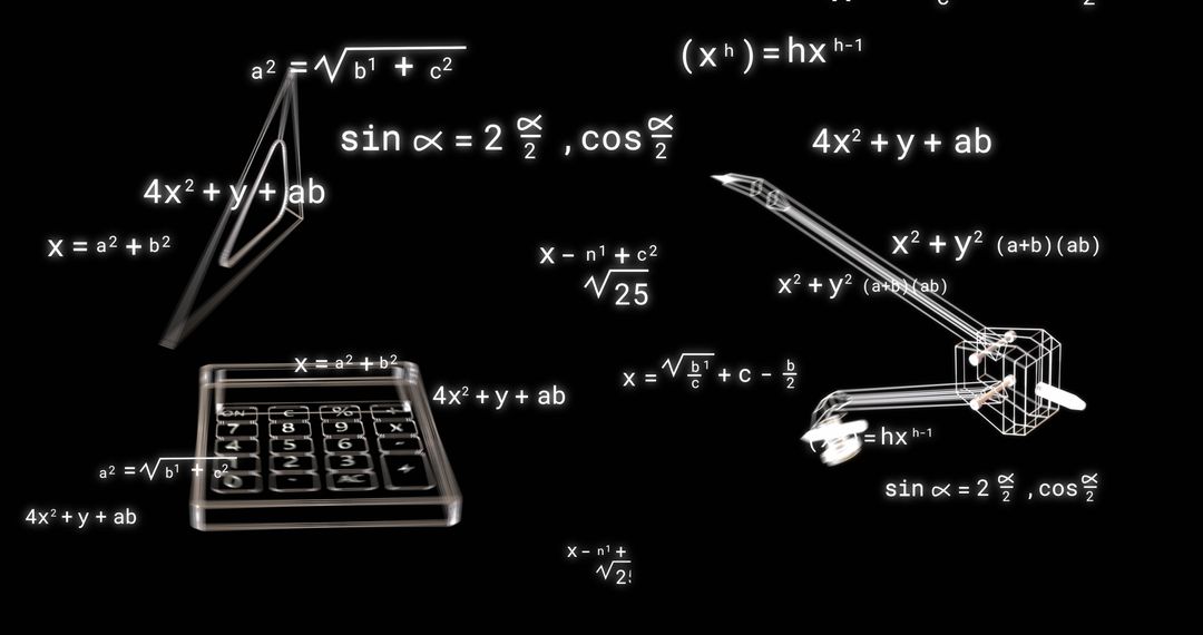 Mathematical Equations and Tools Illustration on Black Background