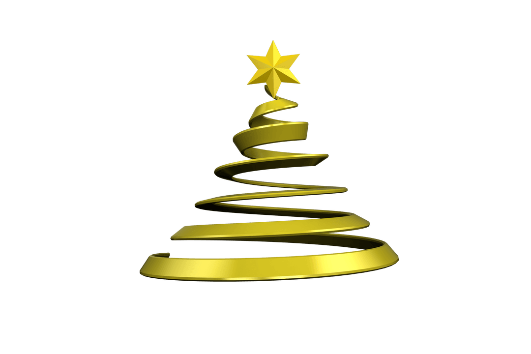 Gold Ribbon Christmas Tree with Star on Transparent Background