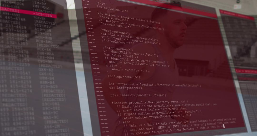Multimonitor workstation showing red terminal code reflecting focused developer in office