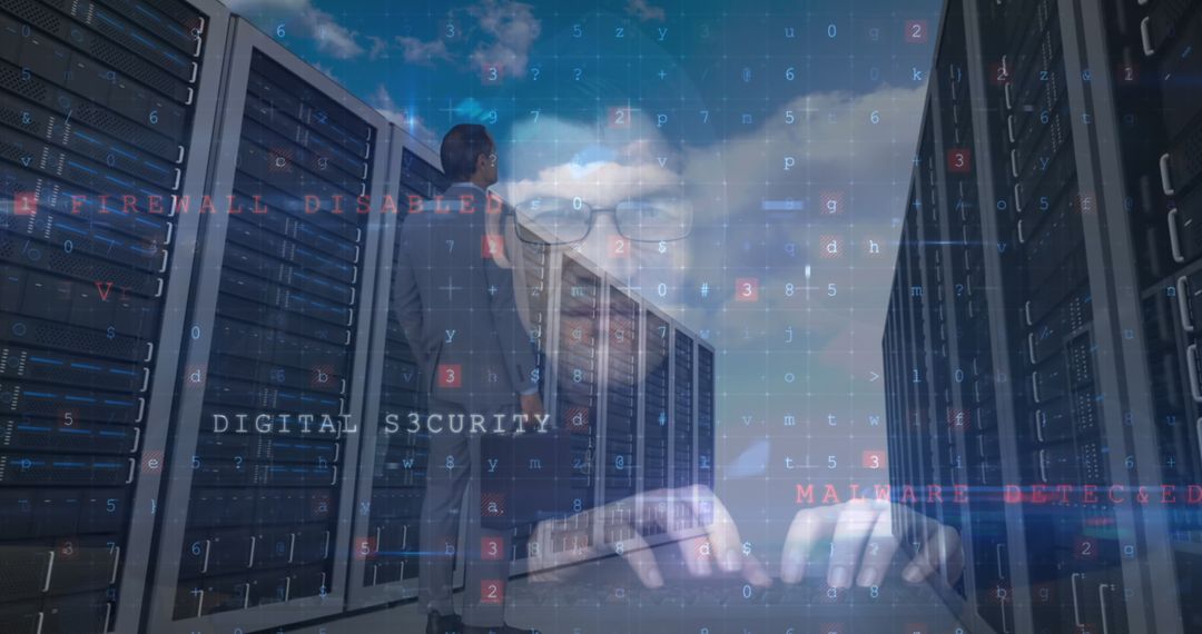 Cybersecurity Threat in Modern Server Room with Digital Warning