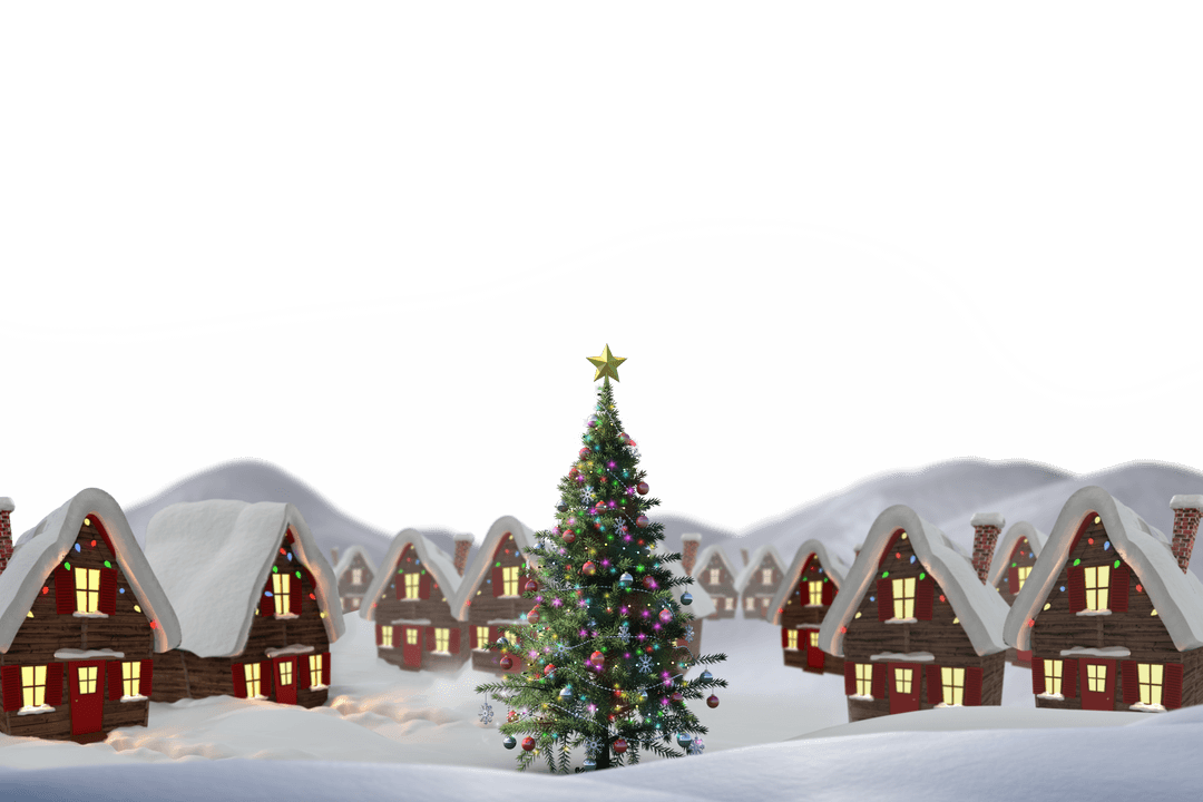 Christmas Village Scene in Snow with Transparent Background