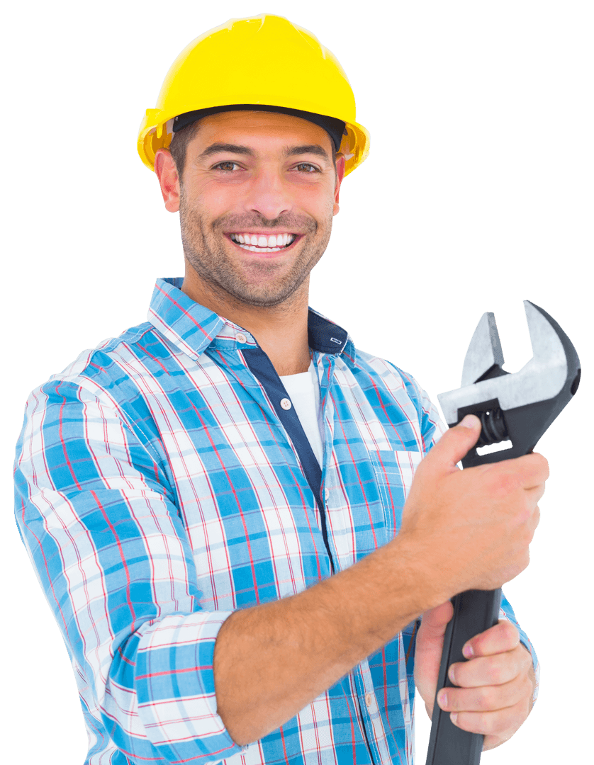 Smiling Repairman with Adjustable Spanner on Transparent Background
