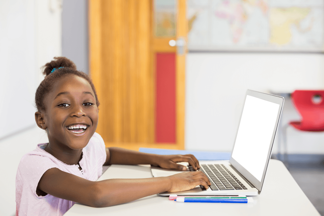 Smiling Girl Using Laptop at School with Transparent Screen