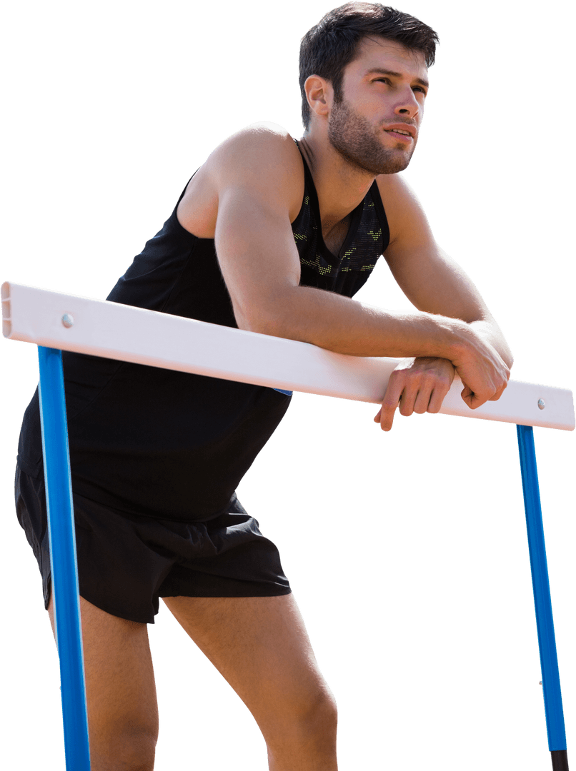 Caucasian Hurdler Leans on Hurdle, Looking Ahead, Transparent Background