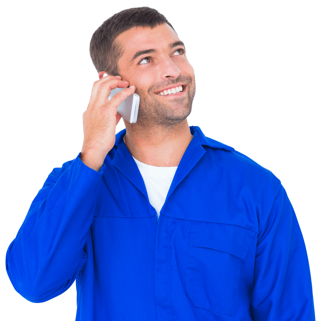 Transparent Happy Mechanic Talking on Mobile Phone