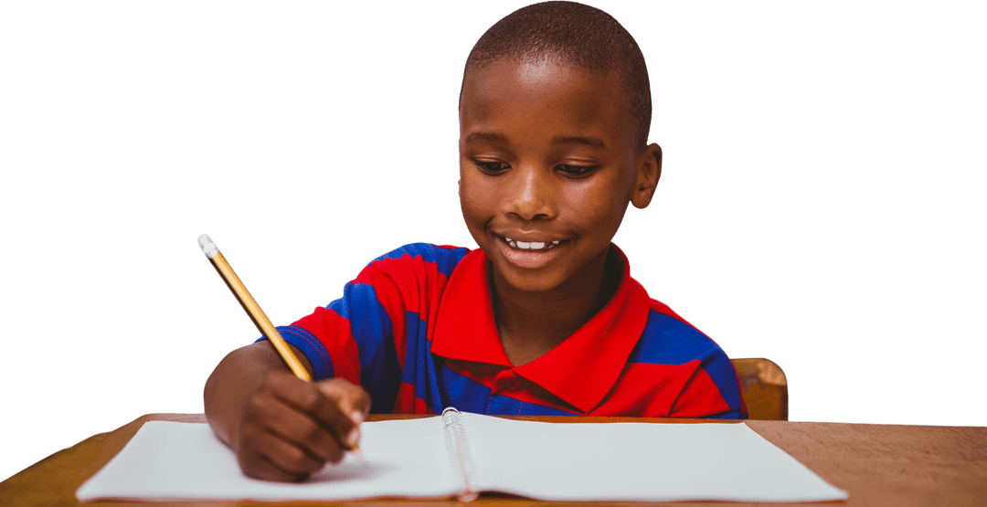 Smiling African American Boy Writing Notebook Transparent Background