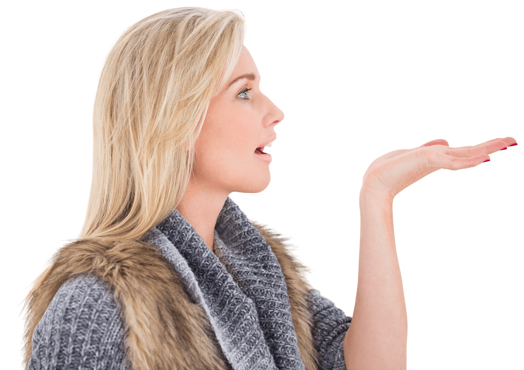 Blonde Woman in Winter Clothes Gesturing with Open Hand Transparent Background