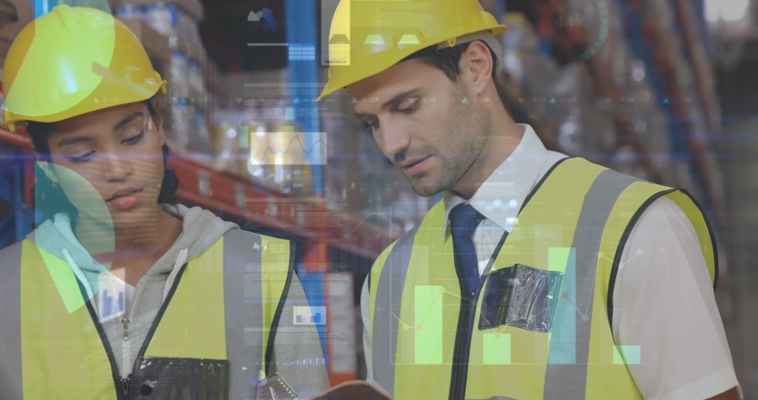 Warehouse Supervisors Discussing Logistics Guided by Data Visualization