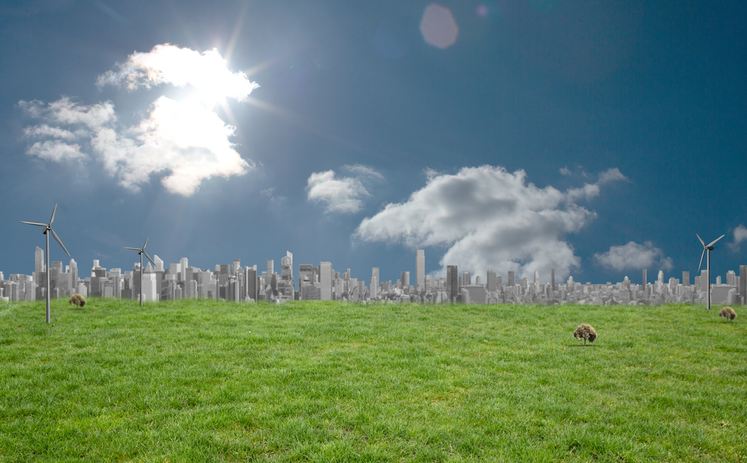 Transparent Composite of Meadow with Windmills and Cityscape with Clear Sky - Download Free Stock Images Pikwizard.com