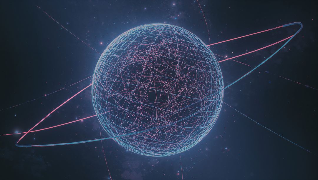 Futuristic Digital Sphere in Space with Neon Rings