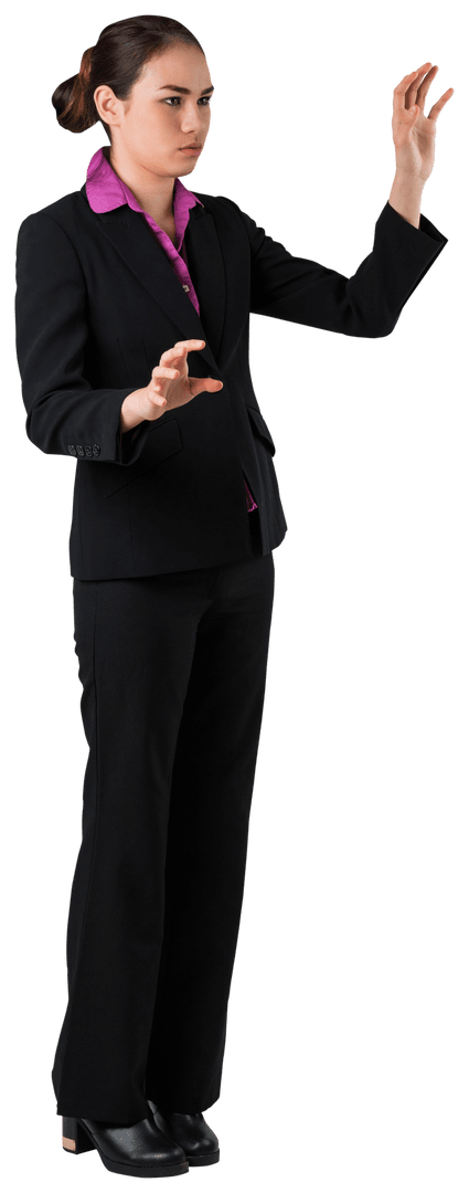 Focused Asian Businesswoman Interacting with Virtual Transparent Screen