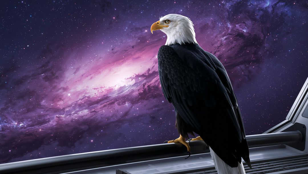 Bald Eagle Perching on Spacecraft Rail with Purple Nebula Galaxy Backdrop