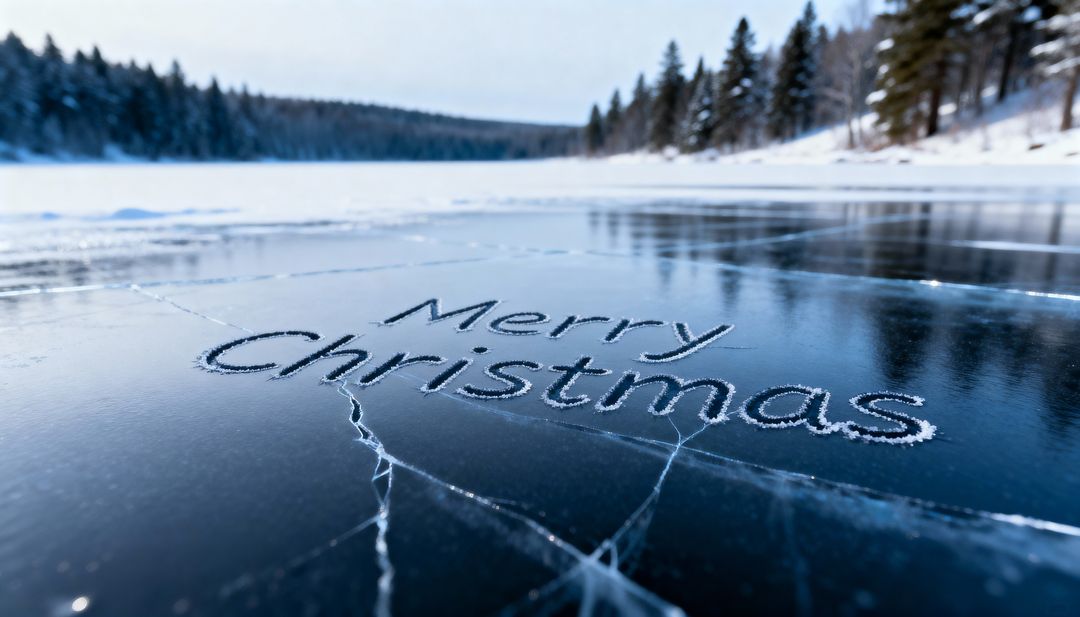 Frosted Merry Christmas Featuring Cracked Ice on Frozen Lake with Snowy Forest