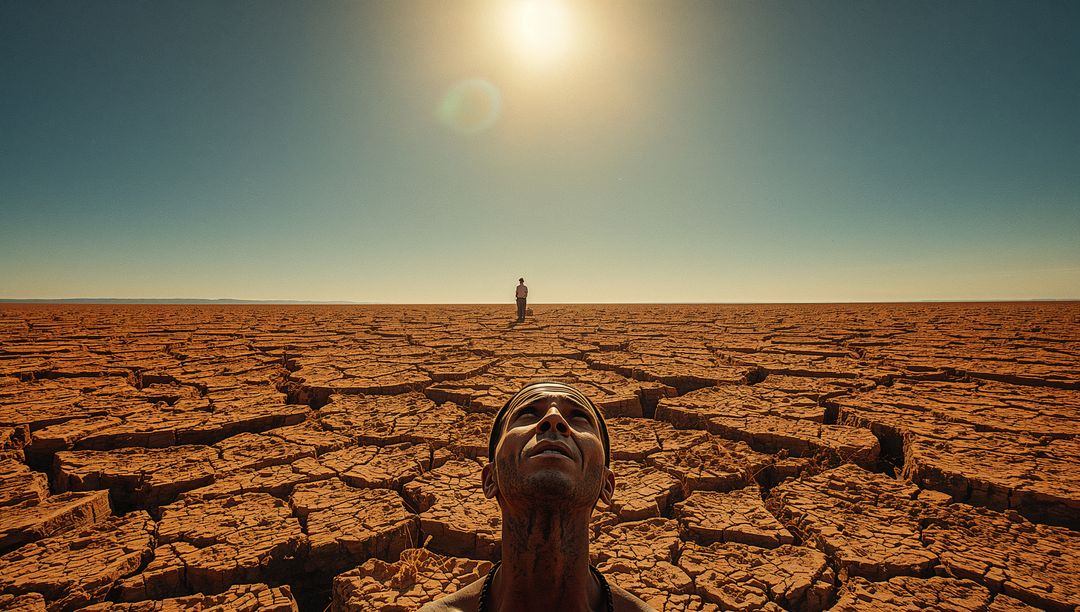 Man Gazing Upward in Arid Desert Scene with Lens Flare