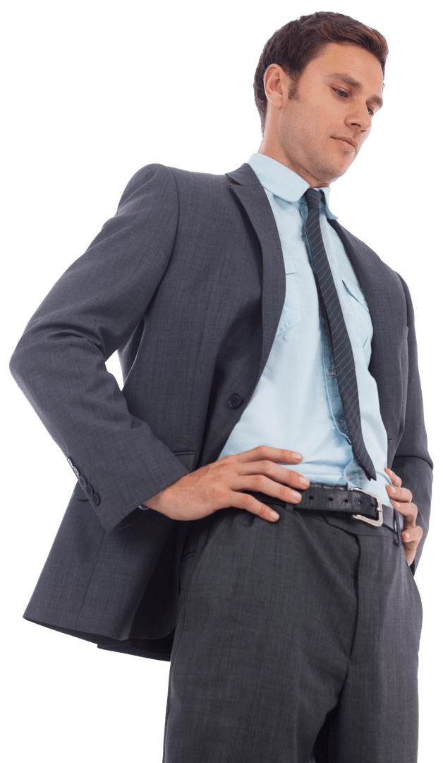 Transparent Stern Businessman in Gray Suit Posing Assertively