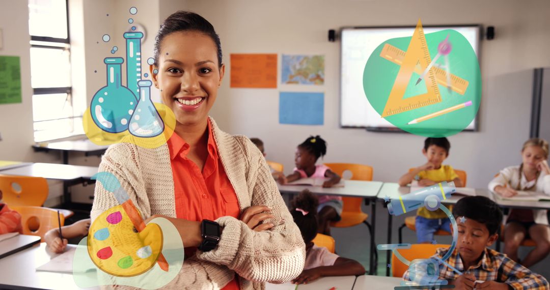 Confident Teacher with Creative Education Symbols